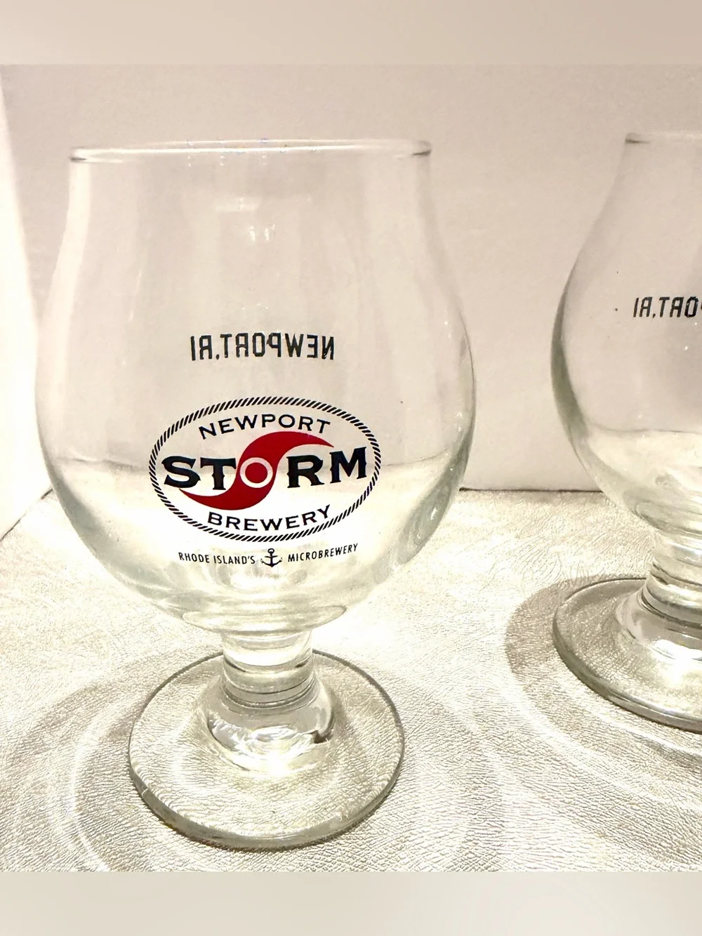 Newport Storm Brewery Branded Goblet Glasses with Red & Black Logo